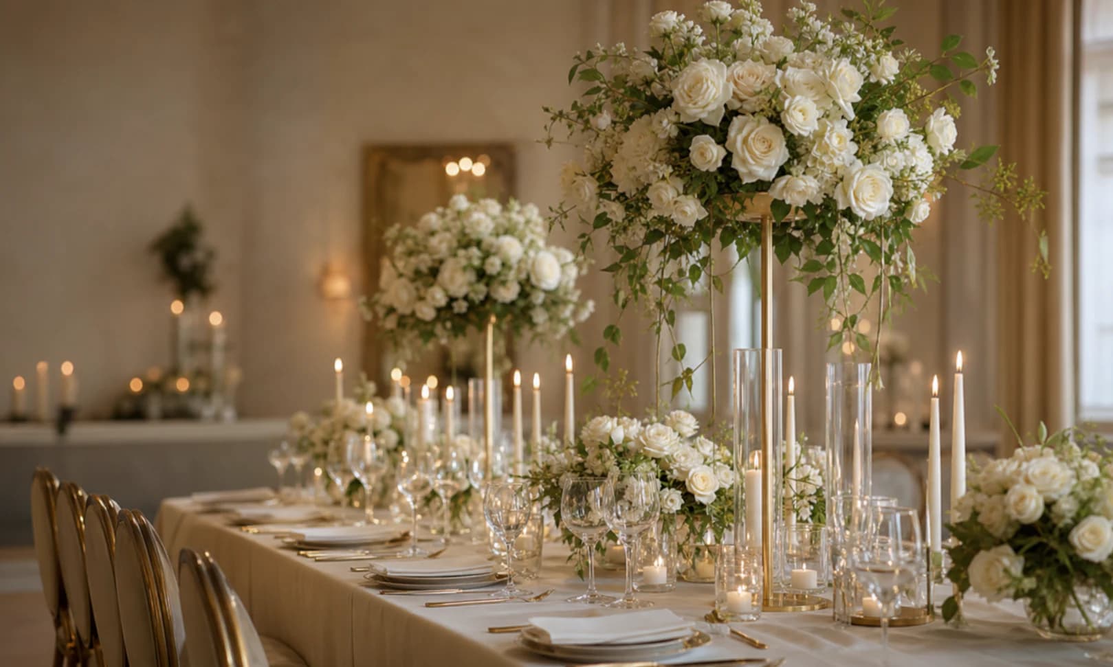 Mesa de recepción elegante decorada con flores blancas y detalles dorados